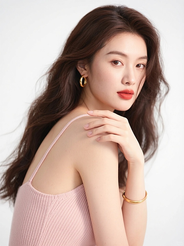 高清时尚人像摄影，柔和细腻的光线从斜前方照亮面部，营造出自然通透的肌肤质感和清晰柔和的面部轮廓阴影，暖调肤色搭配自然红润的唇妆，深棕色长卷发自然垂落并带有轻盈飘逸的发丝动感，模特身着裸粉色细肩带针织上衣，佩戴简约金色细圈耳环和金色细手镯，采用半身构图，模特侧身回眸，一手自然搭在另一侧锁骨处，另一手轻扶发丝，眼神温柔看向镜头，整体画面简洁干净以纯白色为背景，突出人物优雅气质与精致妆容，保持原有的时尚清新风格与细腻的光影处理。