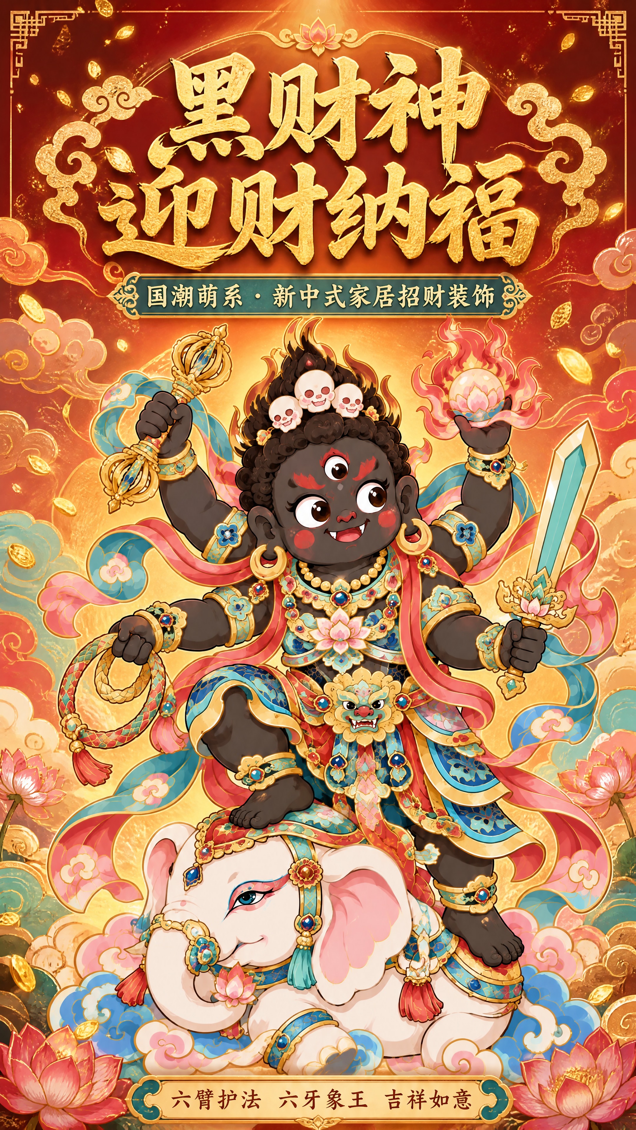 [商品] 使用【图1】Q版黑财神骑白象国潮装饰画；保留黑财神黑… - 图片创意预览