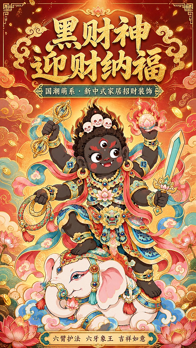 [商品] 使用【图1】Q版黑财神骑白象国潮装饰画；保留黑财神黑肤三眼、骷髅冠、六臂各持金刚杵/智慧剑/火焰宝珠/套索、周身红蓝飘带祥云、六牙白象坐骑的完整造型、颜色比例和描金细节；商品处理：保留原画全部线条与色彩，增强金色饰品质感与祥云层次，不改变造型结构。
[画面] 页面目标：氛围头图，建立国潮萌系招财第一印象；构图：居中对称式，黑财神骑象主体位于画面中央偏上，占画面60%，四周环绕祥云、莲花、金箔光斑等氛围元素；前景点缀飘落金箔，中景主体，远景渐变祥云底纹；阅读动线从上至下，顶部标题，中部主体，底部副标题。
[视觉] 套系策略：风格=国潮新中式商业插画海报风；标题字=国潮书法粗体带描金；正文字=圆润宋体；主色=朱砂红+鎏金+石青；背景延展=基于朱红与金色做深浅祥云渐变、云纹底纹和金箔颗粒质感；强调色=松石绿，仅用于小面积图标、引线和装饰元素；标题色=鎏金色；正文色=深赭石色；组件=云纹边框、莲花形信息卡、如意纹分隔线；光影=顶部暖金光，主体边缘描金边，整体喜庆明亮。
[文字] 顶部主标题「黑财神 迎财纳福」，副标题「国潮萌系 · 新中式家居招财装饰」，底部小字标注「六臂护法 六牙象王 吉祥如意」；文字区上下分布，不遮挡财神面部与主体法器；所有文字横排。
[规格] 图片比例9:16竖版，4K分辨率，负向提示：避免变形、缺臂少件、颜色失真、文字模糊、西方元素、现代物品、冷灰背景、财神形象怪异。