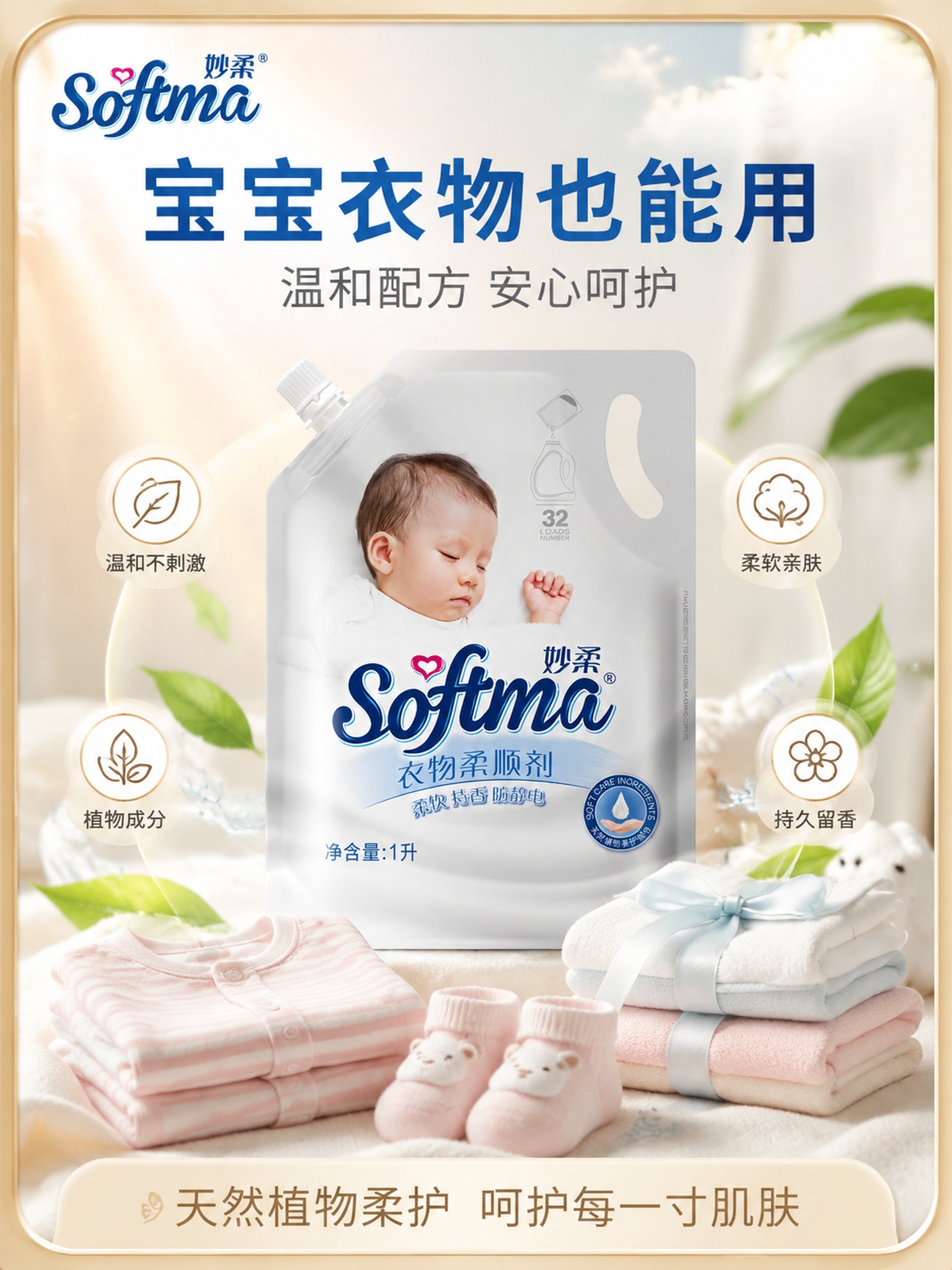 [主图-3] 妙柔衣物柔顺剂温和安全品质图，宝宝衣物可用，成分… - 图片创意预览