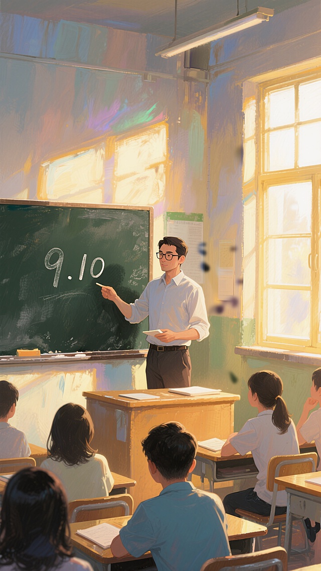 教室日常上课场景，特写戴眼镜男教师黑板前专注授课，黑板上写了9.10，学生听讲，暖黄阳光透过窗户洒入，营造柔和光影，画面重心居下
