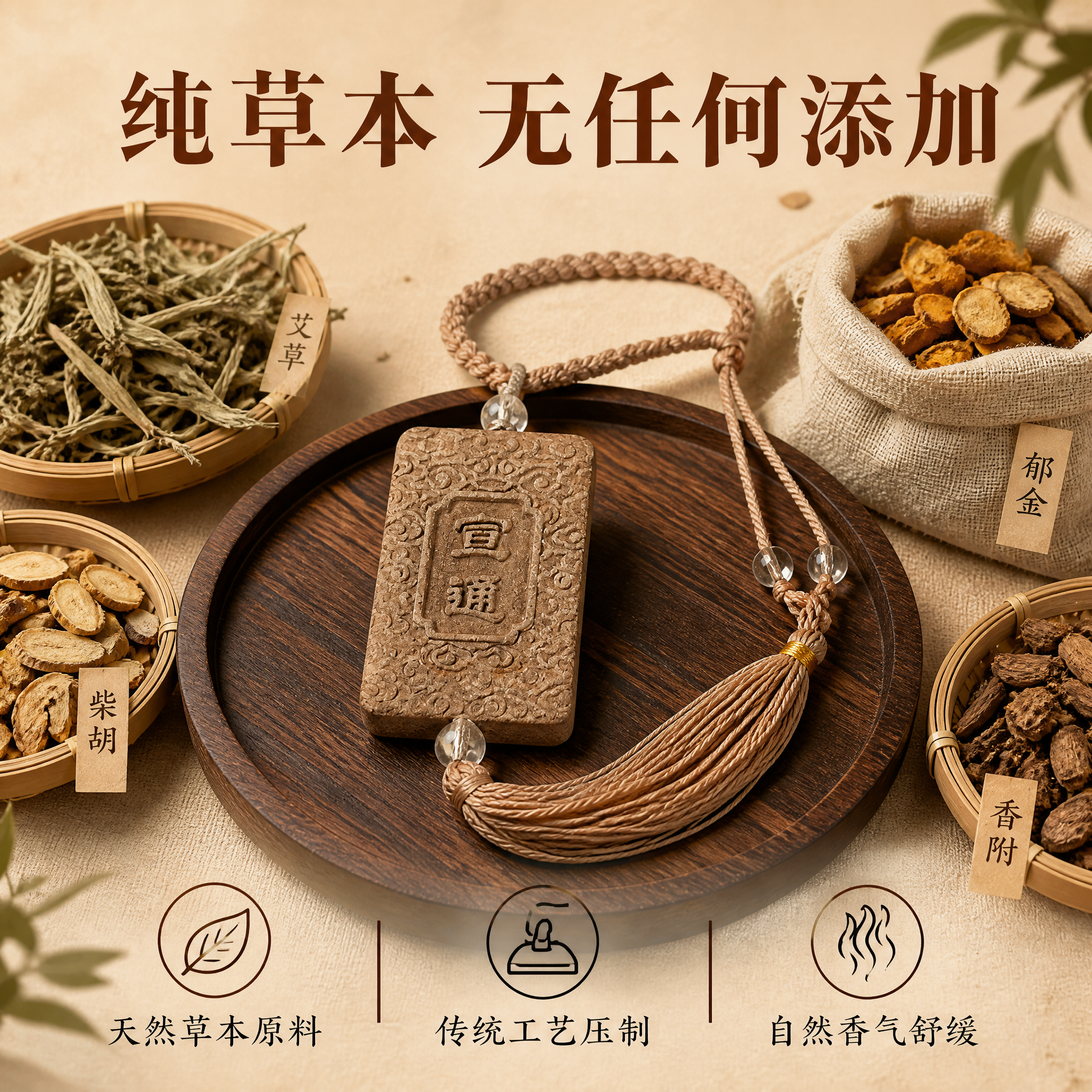 [主图-2] 宜通草本香牌挂饰 材质细节与草本原料卖点展示。… - 图片创意预览