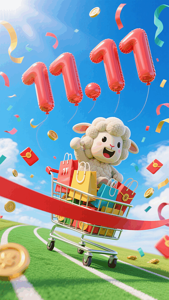 一只表情激动的绵羊坐在由远处冲刺终点线的购物车上的热血瞬间，车上布满购物袋和金币，一条飞舞的红色粗丝带在画面最前方，绿色跑道，蓝天，空中点缀彩带、红包，促销热闹的氛围，视觉冲击感，广角构图，仰视构图，低角度拍摄，背后巨大的“11.11”造型的气球字
