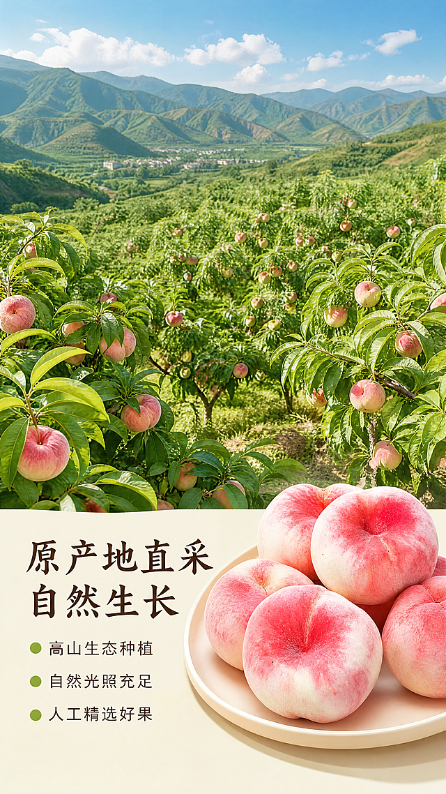 [第2屏] 产地环境展示-新鲜蟠桃种植产地果园。本屏使用【图1】作为产品参考，整体保持产品气质统一。
[氛围/风格] 自然原生态风格，户外晴朗日光，大气清新的摄影质感，展现果园真实种植环境。
[元素布局] 画面上半部分是漫山遍野的桃园实景，大片桃树挂满饱满桃子，远景是连绵青山；下半部分左侧是文字区，右侧放入一盘新鲜蟠桃进行展示，保留产品外观与原图一致。桃园背景占画面70%区域，蟠桃占25%区域，整体层次分明。
[光影质感] 上午自然日光均匀照射，桃园充满生机，叶片颜色鲜亮，蟠桃表面带有自然光泽，整体通透自然。
[配色色系] 全局底色：#F5F5DC（浅米黄）；背景主色：桃园翠绿，桃子粉红；文字颜色沿用深棕色，和首屏保持一致。
[视角构图] 全景俯拍桃园，蟠桃放在右下角斜向摆放，前景文字区左对齐，符合竖版阅读动线。
[文字版式] 左上大标题「原产地直采 自然生长」，左对齐，深棕色适度书法字体；下方分三点列出卖点：「高山生态种植」「自然光照充足」「人工精选好果」，每行文字前加绿色圆点标识，字号适中，手机端清晰可读。字体风格和字色沿用首屏设定，仅改变排版位置，采用色块底衬承载文案。
[比例分辨率] 9:16竖版比例，4K分辨率，文字清晰可辨，超高清。
[负向提示词] 文字错乱，颜色偏差，产品变形，背景杂乱，水印，违规表达