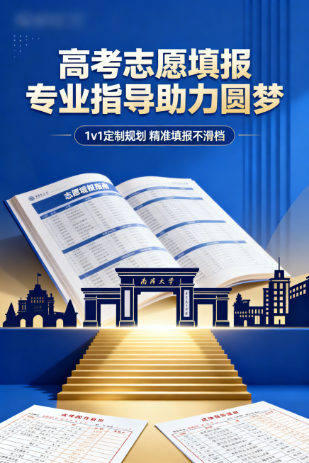 高考志愿填报咨询服务推介海报，风格正式专业，色调以蓝色和金色为主，视觉元素包含翻开的志愿填报指南、大学校门剪影、成绩报告单、明亮的阶梯，主文案为"高考志愿填报 专业指导助力圆梦"，下方搭配小字"1v1预览效果