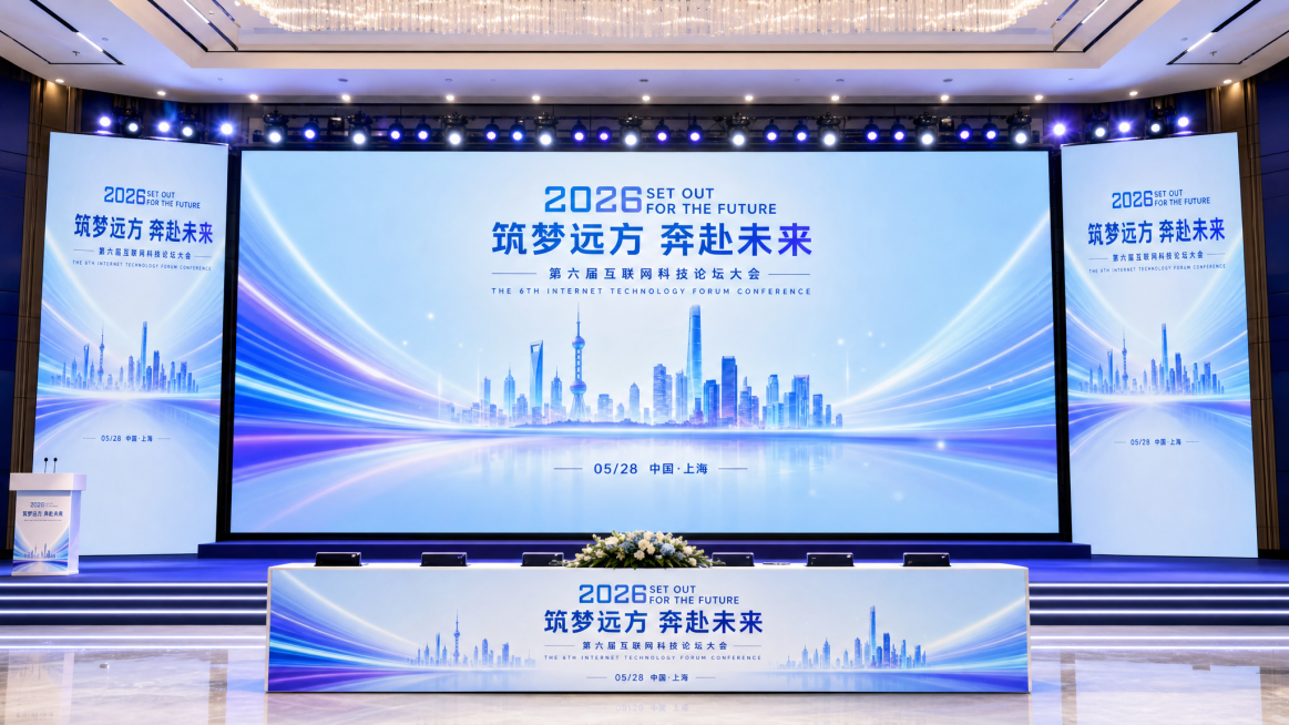生成企业科技论坛主视觉KV现场布置效果图，主视觉海报放置在会议舞台背景墙，延续原设计：浅蓝色渐变背景，对称流动蓝紫色光带，上海地标建筑剪影，完整文字内容。现场图包含舞台，两侧放置道旗，前方有导示台，整预览效果