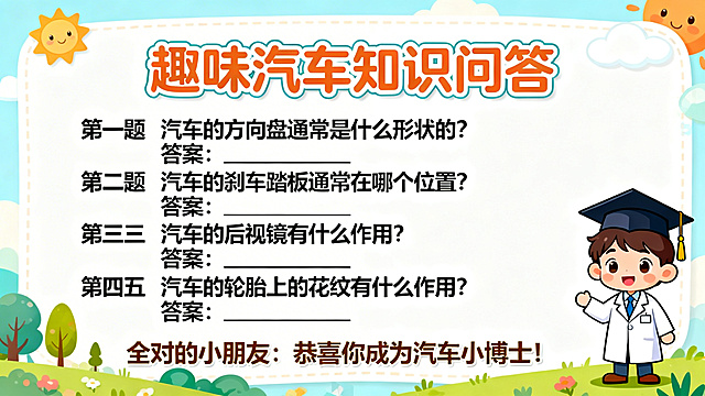 卡通风格PPT页面，主题是趣味知识问答，列出4道关于汽车知识的简单题目，每道题预留答案位置，整体风格活泼有趣，底部有“全对的小朋友：恭喜你成为汽车小博士！”的文字，配有可爱的博士卡通形象，色彩明亮，字体圆润，适合10-11岁小朋友
