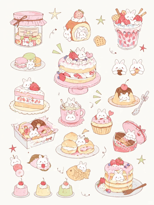 参考这张图片的治愈系可爱插画风格，重新生成以小兔子和甜品美食为主题的手账插画，保持可爱软萌的粉色浅色系配色，线条柔和，包含多种不同的甜品和躲藏在其中的小兔子，和参考图布局类似但更换不同的甜品内容预览效果