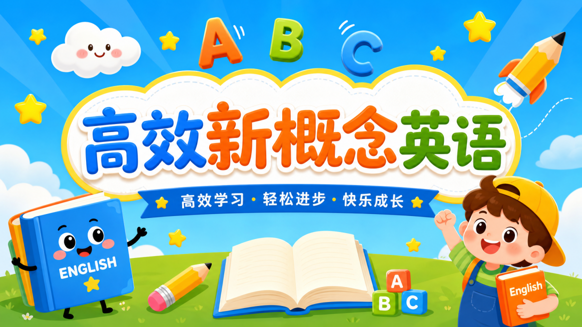 宣传"高效新概念英语"公众号横版封面，面向适龄小学生，设计活泼趣味，色彩明亮，加入卡通书本和字母元素，突出儿童英语学习主题，包含醒目文字"高效新概念英语"预览效果
