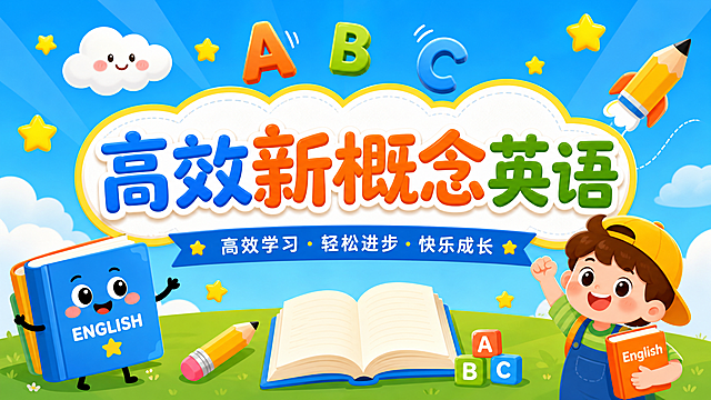宣传"高效新概念英语"公众号横版封面，面向适龄小学生，设计活泼趣味，色彩明亮，加入卡通书本和字母元素，突出儿童英语学习主题，包含醒目文字"高效新概念英语"