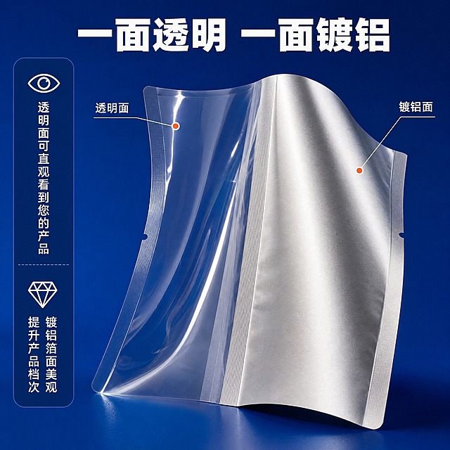 [主图-2] 阴阳镀铝箔真空袋材质结构图，突出一面透明一面镀铝的双层结构特点，直观展示产品核心差异化卖点。
[统一基调] 整体风格为专业洁净的电商品质风，背景主色为克莱因蓝纯色背景，标题字色为白色，辅助字色为浅灰，强调色为橙红色，字体为无衬线粗体，字号层级分明，整体干净通透有力量感。
[画面] 画面中央展示一只展开的阴阳镀铝箔袋，呈卷曲立体状，左侧为高透明PET面，右侧为银灰色镀铝面，中间接缝处清晰可见。袋子呈自然卷曲的立体形态，透明面有通透光泽，镀铝面有金属反光。产品占画面约60%。左侧有一个蓝色竖条信息区，竖排两行文字分别说明透明面和镀铝面的特点。顶部居中大标题。产品材质、颜色、结构与输入图完全一致，禁止虚构材质层，禁止变形。
[光影质感] 商业影棚摄影质感，侧逆光突出透明面的通透感和镀铝面的金属光泽，袋身卷曲处有自然的明暗过渡，边缘有清晰高光，整体立体感强。
[配色] 背景克莱因蓝，产品银灰+透明，左侧信息区为深蓝色底白字，标题白色，整体高对比冷调专业感。
[文字版式] 顶部居中主标题"一面透明 一面镀铝"，白色加粗大字。左侧蓝色竖条内，上下两行白色文字，上行"透明面可直观看到您的产品"，下行"镀铝箔面美观 提升产品档次"，文字竖排或横排均可，清晰可读。透明面和镀铝面旁各有细线标注指向对应面。
[输出要求] 比例1:1，文字清晰可读，产品清晰锐利，商业电商主图质感。禁止产品变形，禁止改变产品直径，禁止改变形状，禁止改变透视角度，禁止重新绘制产品，禁止新增产品，禁止减少产品，禁止改变产品颜色。禁止错字、模糊、杂乱、水印、平台Logo。