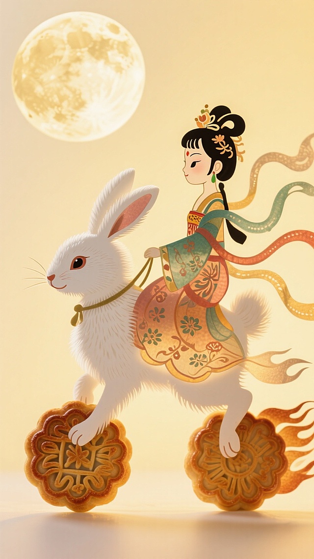 白色的毛绒绒的兔子，踩着月饼做的风火轮，驮着一个嫦娥装扮的迷你的Q版小女孩（坐在上面），一轮圆月挂在画面左上方，干净的浅黄色背景