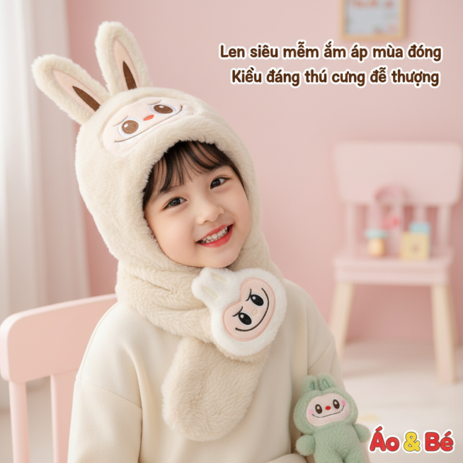 生成800x800像素1:1比例的儿童毛绒帽子主图（适配越南Shopee）：
1. 主体：展示图中“卡通兔子脸”毛绒连帽围巾一体帽，突出毛绒质感+兔耳造型+可调节毛绒扣细节
2. 模特场景：添加3-5预览效果