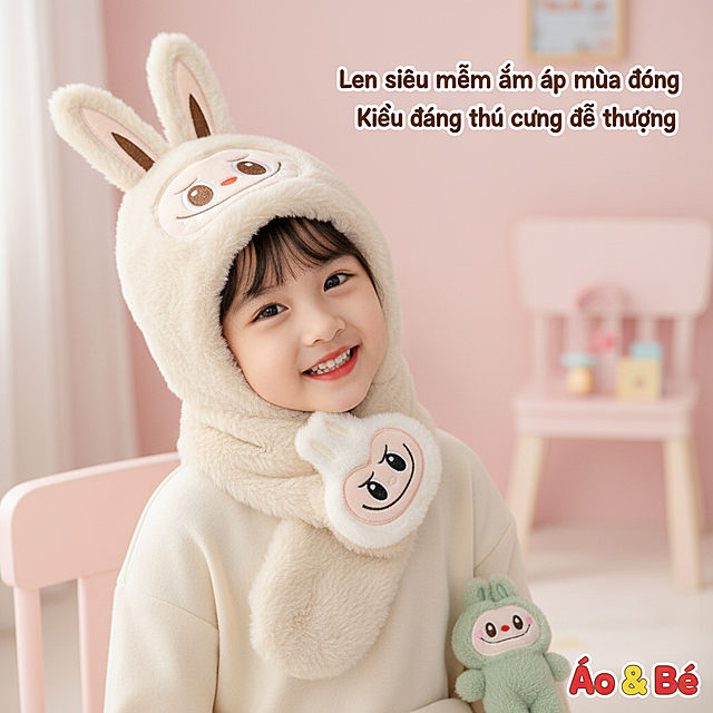 生成800x800像素1:1比例的儿童毛绒帽子主图（适配越南Shopee）：
1. 主体：展示图中“卡通兔子脸”毛绒连帽围巾一体帽，突出毛绒质感+兔耳造型+可调节毛绒扣细节
2. 模特场景：添加3-5岁越南可爱女童模特，佩戴帽子后摆出活泼表情（如微笑歪头），背景为浅粉色柔和室内场景（搭配1个同系列小玩偶道具）
3. 卖点标签：右上角加2个越南语可爱标签（如“Len siêu mềm ấm áp mùa đông”“Kiểu dáng thú cưng dễ thương”），字体圆润不遮挡主体
4. 视觉优化：模拟暖光拍摄效果，突出毛绒的柔软蓬松感，色彩温馨治愈
5. 适配性：在右下角加入红黄字体“Áo & Bé”的水印
6. 真实模特穿着展示，多角度