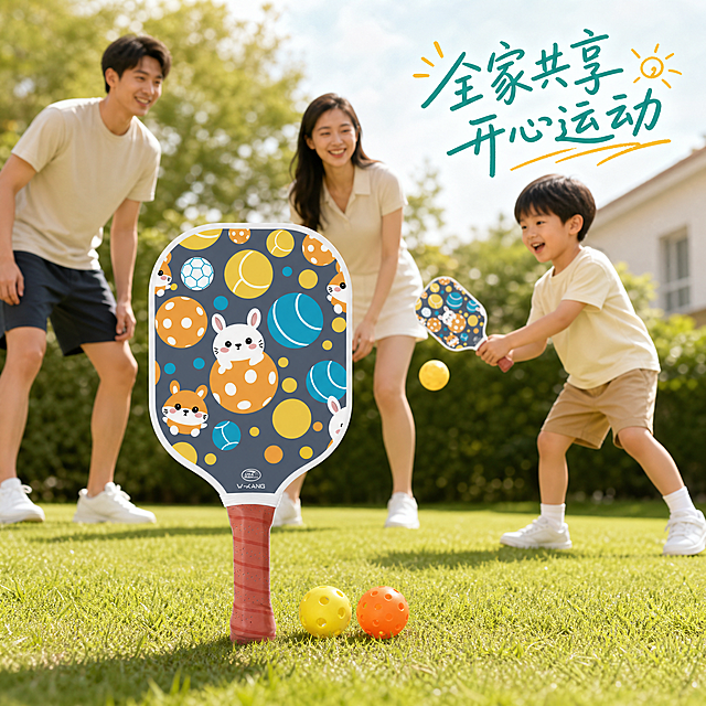 [主图-4] 儿童匹克球拍家庭使用场景体验图
[氛围风格] 治愈温馨家庭运动风，欢乐和谐氛围
[画质] 商业摄影质感、光线柔和通透、产品清晰真实、画面干净高级
[元素] 小朋友手持这款儿童兔兔款匹克球拍在草坪击球，爸爸妈妈在旁边微笑观看，球拍主体完整呈现，产品放在前景清晰突出，背景虚化一家人互动。保持球拍外观物理结构材质颜色与输入产品图绝对一致，杜绝任何变形和色差，精细化处理。商品球拍主体占比约60%，画面满屏无边框
[光影] 下午户外柔和自然光，氛围温馨，光影通透，人物和产品都清晰明亮
[配色] 自然草坪绿色为主，搭配产品本身橙黄蓝配色，整体治愈清新
[视角构图] 平视抓拍视角，前景突出球拍，背景人物互动，景深自然
[文字版式] 右上角短标题“全家共享 开心运动”，清新手写字体，不遮挡球拍主体
[比例分辨率] 1:1 比例，2k分辨率，文字清晰可辨，超高清
[负向提示词] 变形，水印，文字错乱，产品图模糊，背景杂乱