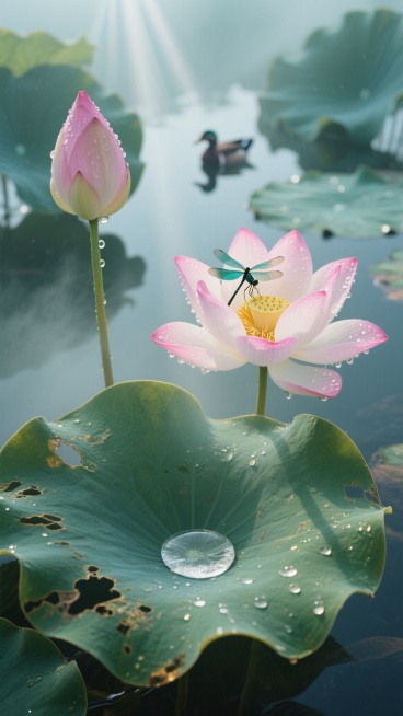 俯视角构图，清晨薄雾笼罩的荷塘深处，三朵形态各异的荷花构成黄金三角布局——右侧一朵盛放的粉白渐变荷花低垂着，花瓣边缘泛着晨露的珍珠光泽，中央金黄花蕊中栖息着一只振翅欲飞的青色蜻蜓；左上方半开的花苞裹着淡粉轻纱，露珠正沿着螺旋状花瓣缓缓滑落；左下方一片被虫噬出镂空纹理的深绿荷叶托起半透明的水珠，阳光穿透薄雾在叶面形成丁达尔光束，照亮叶脉间游动的微生物，背景虚化的墨绿色荷叶群中隐约可见鸳鸯的倒影，……预览效果