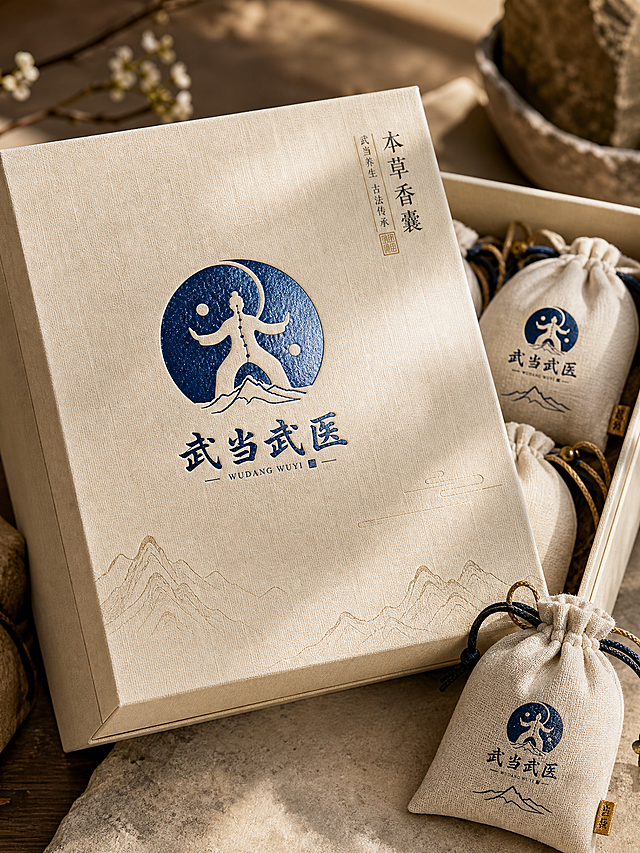 将提供的武当武医logo应用在中药香囊礼盒包装上，制作精美轻奢的实际产品样机，采用棉麻质感礼盒搭配烫蓝logo，国潮简约风格，展示包装成品的真实应用场景，质感高级