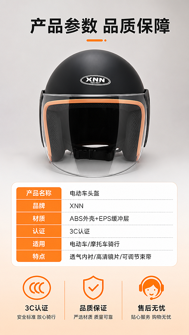 [商品] 使用【图1】哑光黑头盔正面视角；保留哑光黑外壳、XNN HELMET顶部标、橙色包边、镜片结构；去除镜片保护膜，还原透明镜片质感，不改变产品结构和比例。
[画面] 目标：规格参数与保障页，产品+参数表+售后保障。构图：上下三段式，上方产品图，中间参数信息卡，下方保障图标区。景别：中景。阅读动线：从上到下。前中后景：前景参数卡片、中景头盔正面、后景浅灰渐变背景。
[视觉] 套系策略：风格=国内电商清新安全风商业摄影；标题字=粗黑体；正文字=常规黑体；主色=暖橙色（取自头盔包边）；背景延展=浅灰到浅橙的渐变背景，干净简洁；强调色=亮橙色，仅用于表头和图标；标题色=深炭灰；正文色=中灰；组件=圆角参数表、图标+文字组合、3C认证标识；光影=正面柔和光，产品清晰突出。
[文字] 顶部主标题：产品参数 品质保障；中间参数表：产品名称=电动车头盔、品牌=XNN、材质=ABS外壳+EPS缓冲层、认证=3C认证、适用=电动车/摩托车骑行、特点=透气内衬/高清镜片/可调节束带；下方3个保障图标：3C认证、品质保证、售后无忧。文字清晰易读，手机端可辨。
[规格] 图片比例9:16竖版，4K分辨率，避免变形、错字、文字过小、产品颜色改变、结构失真、极限词、虚假承诺。