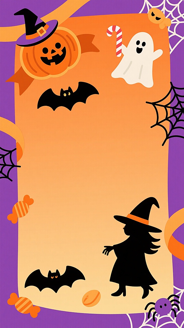 扁平风格万圣节主题背景，温暖橙色渐变底色，四周环绕着卡通风格的万圣节元素：咧嘴笑的南瓜灯、飘带装饰的巫师帽、举着糖果棒的幽灵、倒挂的黑色蝙蝠、戴着尖顶帽的女巫剪影、橙色糖果、紫色蜘蛛和蛛网，所有元素线条圆润、色彩明快，保持画面中心留白区域，整体氛围欢快活泼。