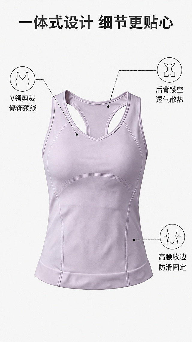 「图片1」，生成一套详情页，商品名称为瑜伽网球裙女夏季高腰防走光运动上衣一体式运动背心女，单图比例为9:16，需求屏数为20张。锦纶94%氨纶6%