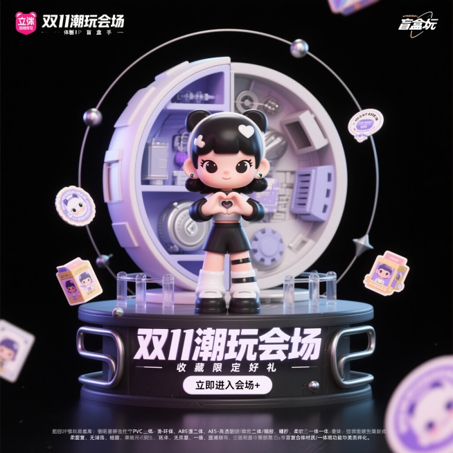 3D风格弹圈，背景为纯黑色，画面中央是3D潮玩女孩角色，双手比心，人物背后是一座潮玩模型半剖面结构，一半为完整外观、一半展示内部零件结构，人物两侧漂浮贴纸、徽章、盲盒包装，前景为标题“双11潮玩会场”预览效果