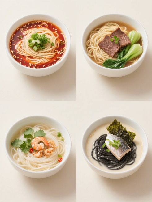 高清写实风格美食摄影，四张图片规整排布组成系列素材集合，每张图片均为纯色背景下的白色瓷碗盛装不同面条，柔和顶光照明，突出食材纹理与汤汁光泽，整体色彩变换但保持统一色调和谐。第一张：细面，红亮麻辣汤底，撒有翠绿葱花和白芝麻；第二张：油面，浓稠骨汤底，配以几片卤牛肉和青菜；第三张：米粉，清澈高汤底，点缀虾米、香菜和少许辣椒油；第四张：黑色面条，奶白豚骨汤底，放有鱼板、海苔和葱花。所有面条形态饱满，……预览效果