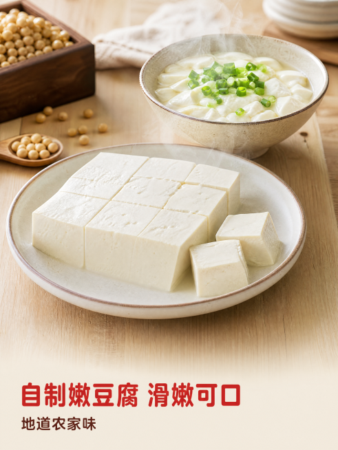 [第8屏] 庄舞河东北黄豆自制豆腐效果展示图。
[氛围/风格] 美食摄影风格，家常温馨氛围，热气腾腾有食欲，高清写实。
[元素布局] 浅木色餐桌背景，画面中心偏下位置放置一盘刚切好的白嫩豆腐，旁边摆放预览效果