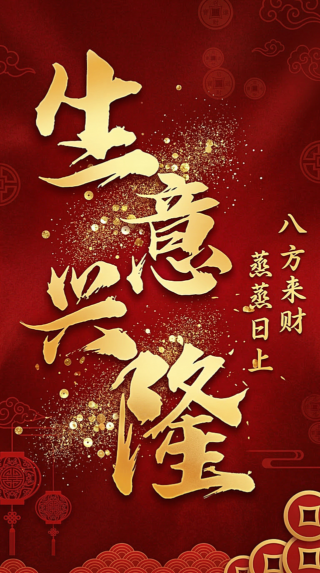 竖版海报，喜庆红色背景，金色毛笔书法大字"生意兴隆"，右侧小字"八方来财 蒸蒸日上"，保持原图喜庆书法风格，完整构图