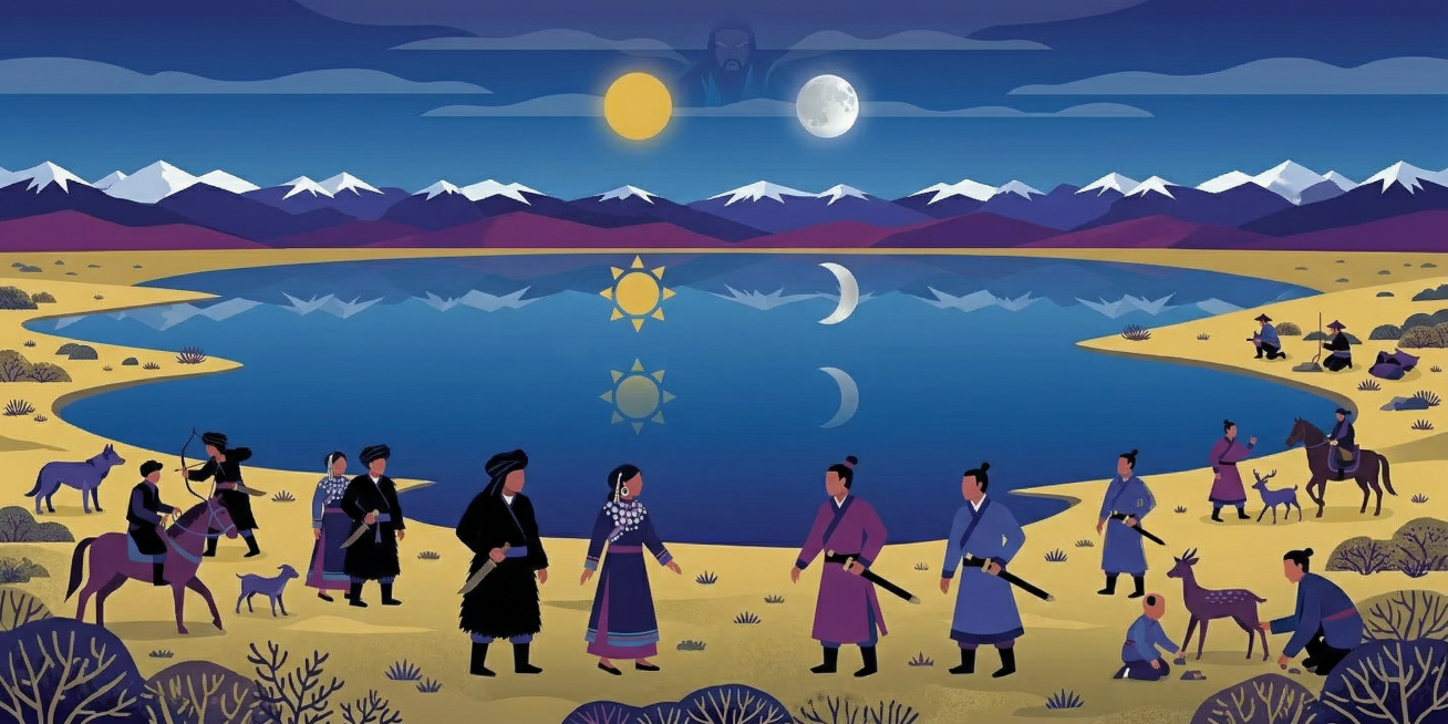 扁平风格绘本插画，遥远的北方糯海厄波湖畔故事场景：在遥远北方牡必密必地方，拉祜族先民与汉族人在糯海厄湖岸草原一起撵山狩猎，过着游牧生活，两族和睦共处。以“糯海厄”大湖为视觉中心，对称式水平构图，湖面如预览效果