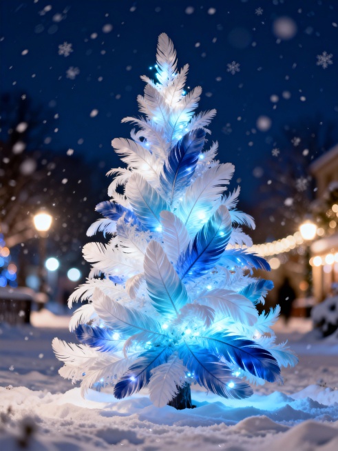 发光的蓝白渐变羽毛，夜晚，灯火通明，雪地背景，景深预览效果
