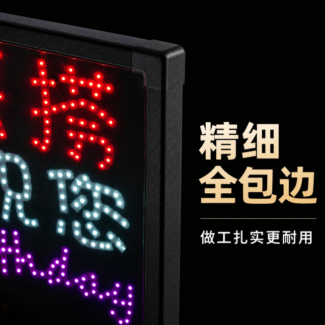 [主图-3] 包边工艺特写主图；
[氛围风格] 细节展示，突出做工扎实；
[画质] 超高清特写，纹理清晰。
[元素] 特写展示发光灯牌的精细全包边工艺，灯牌边缘清晰展示全包边的封边处理，对比普通开放式预览效果