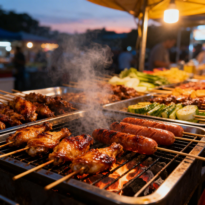 美味的烧烤，滋滋冒油的烤肉串放在炭火烤架上，烤盘上摆满了烤鸡翅、烤香肠、烤蔬菜，烟熏缭绕，傍晚户外夜市氛围，色彩浓郁诱人，细节丰富有食欲预览效果