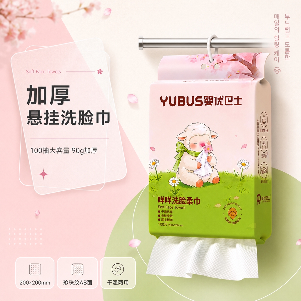 [主图-1] 咩咩羊悬挂式洗脸柔巾首图英雄图，核心任务是建立韩… - 图片创意预览