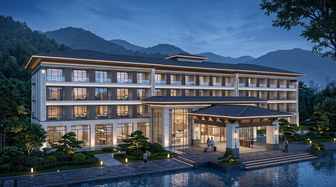 8K超写实建筑夜景效果图，1:1完全复刻图中四层新中式酒店的建筑结构、视角、尺寸与轮廓，米白色天然石材外墙，深灰色屋面，中式抬梁入户门廊；建筑后方绿色部分和右侧线稿替换为连绵真实山体，层次自然，冷调深预览效果