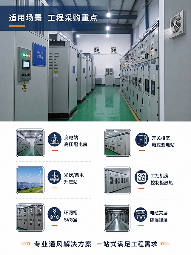 [第8张] 适用场景页-工程采购重点场景展示。本张使用【图10】作为配电房场景参考。
[氛围/风格] 工程实景风，真实工业场景氛围，突出产品在实际工程中的应用价值。
[元素布局] 上半部分为配电房/变电站实景大图，占比约55%，展示排列整齐的高压开关柜、绿色环氧地坪、工业照明，画面中可示意风机安装在墙体位置；下半部分为场景列表区，分两列展示6大适用场景；场景风格与输入图10的配电房一致，去除弘科LOGO。
[光影质感] 工业厂房照明感，顶部均匀冷白光，地面有反光，整体明亮专业，真实场景质感。
[配色色系] 全局底色 #FFFFFF 白色底；主色场景实景图的工业灰绿色调；辅助色深蓝色标题、图标、橙色重点标记。
[视角构图] 上图下文，场景图为视觉主体，阅读动线从上到下。
[文字版式] 场景图上方叠加半透明标题条「适用场景 工程采购重点」；下半部分两列三行共6个场景项，每项配小图标+文字：「变电站 高压配电房」「开关柜室 箱式变电站」「光伏/风电升压站」「工控机房 控制柜散热」「环网柜 SVG室」「电缆夹层 除湿降温」；底部标注「专业通风解决方案 一站式满足工程需求」。
[比例分辨率] 3:4竖版比例，4K分辨率，文字清晰可辨，高清画质。
[负向提示词] 场景失真，人物乱入，弘科LOGO，文字错乱，图片模糊，背景杂乱。