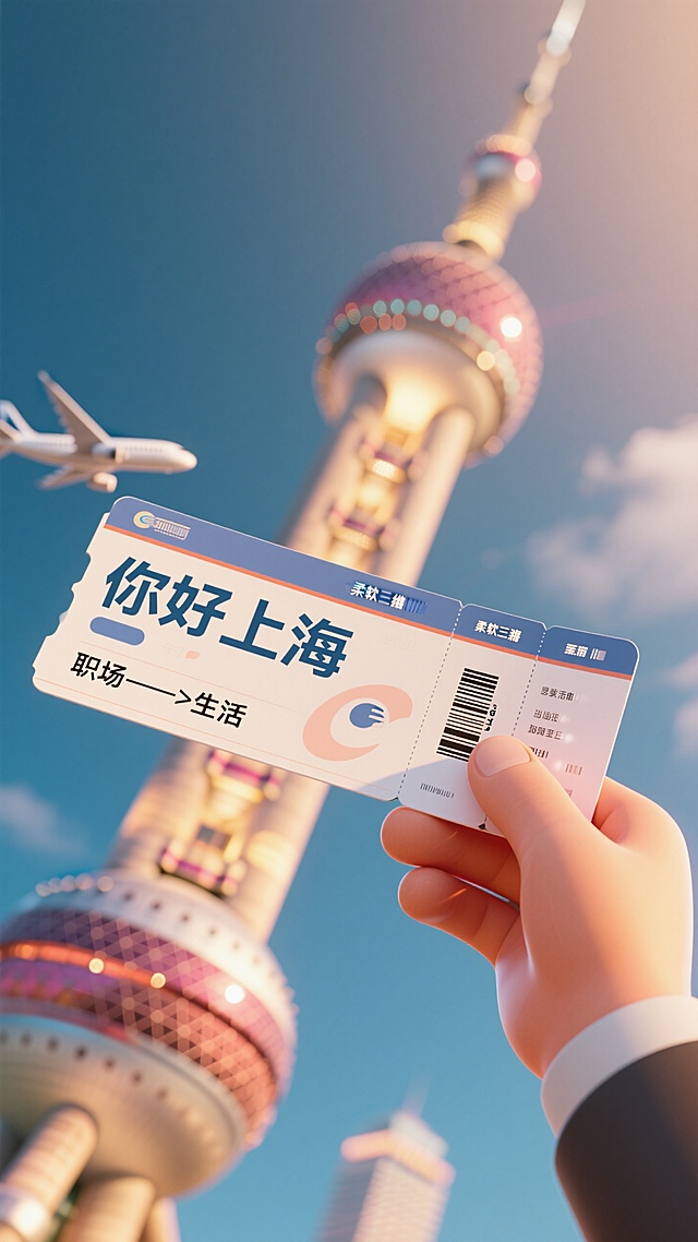 软3D风格，仰视视角，一只手拿着一张巨大的飞机票，机票上写着“你好上海”“职场——>生活”。背景是虚化的东方明珠。背景是虚化的东方明珠。活泼氛围。
