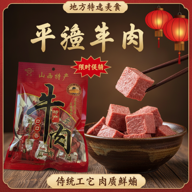 我的产品是平遥牛肉 帮我做20张拼多多高级主图预览效果