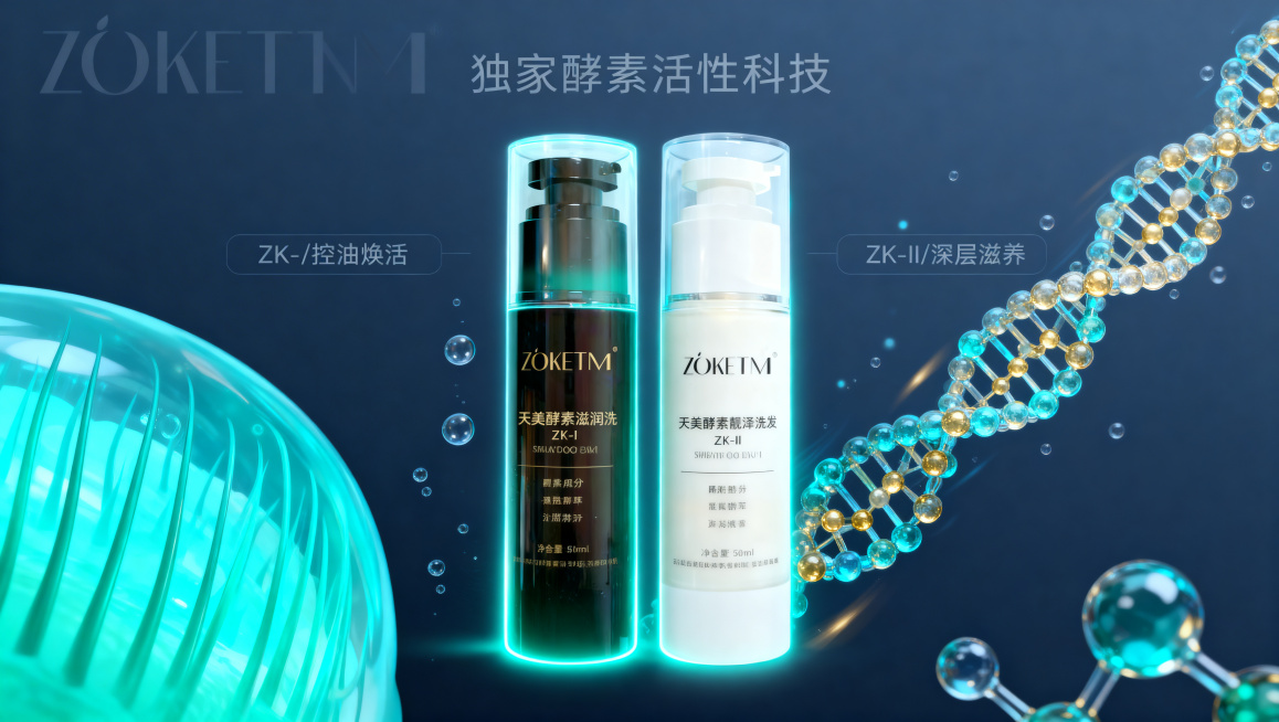 洗发液酵素科技背书页，科技感与生物元素融合风格。深蓝灰背景，左侧是半透明蓝绿色微观毛囊结构，右侧是带漂浮动态感的酵素分子链，中央是上传的洗发液双瓶的柔和发光轮廓。高光是青绿色与金色点缀，画面融入DNA预览效果
