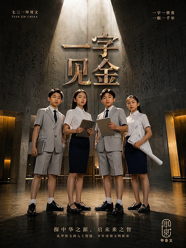 专业商业海报，基于参考图修改，保留整体背景布局和全部文案：顶部'七三一甲骨文'、'一字一世界 一眼一千年'，中心大字'一字见金'，底部'探中华之源，启未来之智'和落款；将四位少年替换为夏季商务着装，两个男孩穿浅灰色短袖西装短裤搭配白衬衫深色领带，两个女孩穿深蓝色铅笔裙搭配白衬衫，保持人物站姿和手持物品不变，整体为石板灰、钴蓝、白色搭配金色点缀，现代极简博物馆混凝土肌理背景，墙壁带隐约甲骨文纹路，戏剧性影视打光，金色轮廓光，写实风格，8k高清