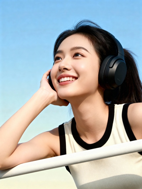 一位年轻的东亚女性，身穿米白拼黑边的无袖紧身背心，戴着黑色头戴式耳机，手肘搭在一根白色横杆上，身体微微前倾，仰头看向画面左上方，露出愉悦的笑容。背景是纯净的渐变浅蓝色天空，整体光线明亮柔和，画面构图简预览效果
