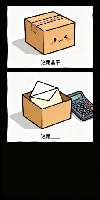 手绘搞笑纵向双格漫画，上半格：Q版可爱的盒子，极简背景，底部文字框写“这是盒子”；下半格：盒子里装着一封信，旁边放着一个计算器，底部文字框写“这是____”，线条清晰，色彩鲜明预览效果