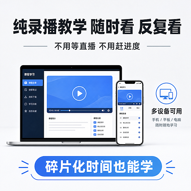 [主图-6] 纯录播优势主图，浅灰色背景，中心手机加电脑图标，标注"多设备可用"。主标题："纯录播教学 随时看 反复看"，副标题："不用等直播 不用赶进度"，底部："碎片化时间也能学"。简洁清晰，突出自主学习优势，1:1比例，4K分辨率。负向提示词：变形，水印，文字错乱，背景杂乱。