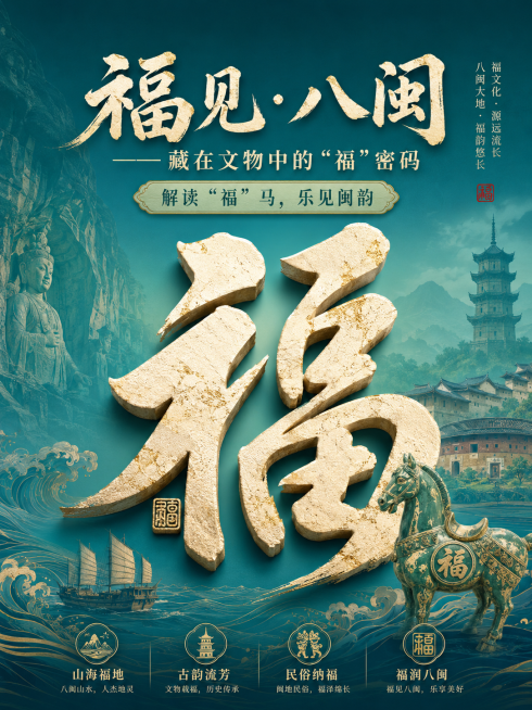主视觉海报，以“福”文化为核心，主标题为“福见·八闽——藏在文物中的“福”密码”；副标题为“解读“福”马，乐见闽韵”，展现福建背后的历史底蕴和民俗；突出设计简洁有力的立体书法“福”字，蓝绿色渐变背景，预览效果