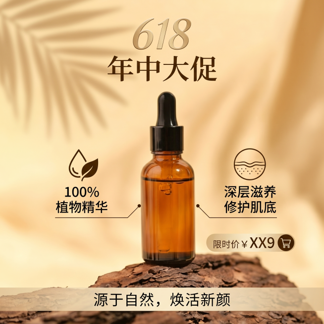 618商业营销精华液主图，包含精简信息图元素，高质感配色，f/2.8柔和景深，照片写实无畸变预览效果