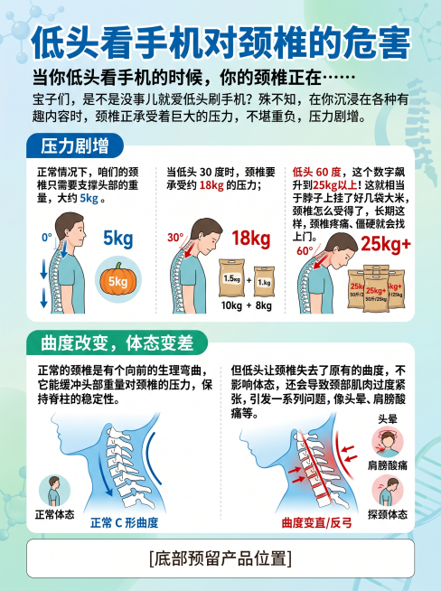 科普配图，主题低头看手机对颈椎的危害，以文字排版为主，包含文字内容：当你低头看手机的时候，你的颈椎正在……宝子们，是不是没事儿就爱低头刷手机殊不知，在你沉浸在各种有趣内容时，颈椎正承受着巨大的压力，不预览效果