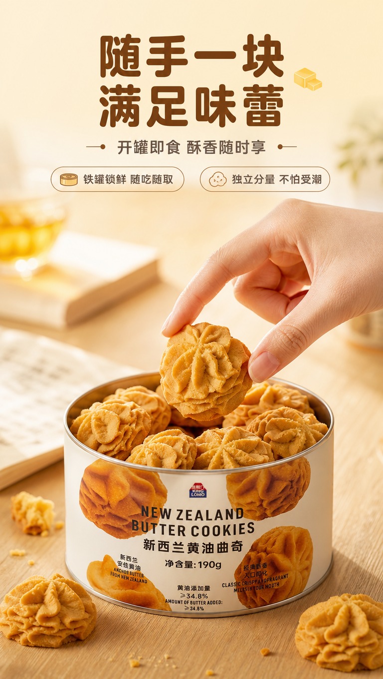 [商品] 使用【图1】金粒门新西兰黄油曲奇190g圆形铁罐装；… - 图片创意预览