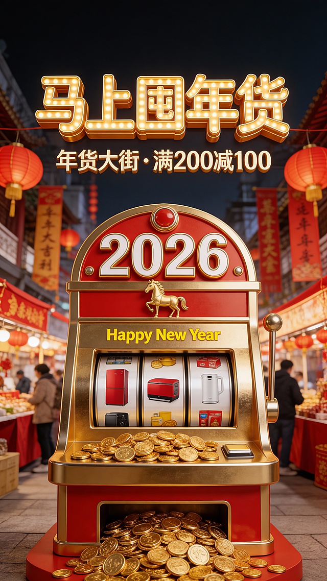 3D 写实风，视觉中心是一台老虎机造型装置（
正面视角，金属材质金红配色，机器上装饰 “2026” 立体数字、小金马，机器中部装饰 “Happy New Year” 黄色小字，机器底部吐出大量金币），机器滚轮区转出图中商品。背景是热闹的年货大街，红色灯笼、春联摊位、人群虚化，整体洋溢浓厚新年氛围。顶部金色 3D 灯牌标题 “马上囤年货”，副标题 3D 金色小字 “年货大街・满 200 减 100”。