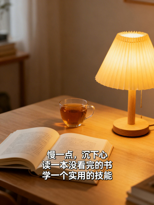 一张整洁干净的书桌，桌面上放着一本摊开的书、一杯清茶、一盏点亮的温暖台灯，光线柔和温暖，整体氛围安静治愈，画面添加文字：“慢一点，沉下心，读一本没看完的书，学一个实用的技能。”预览效果