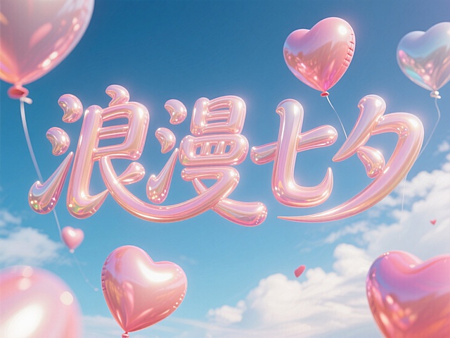 浪漫七夕，3D充气风大字设计，梦幻甜美，心形气球点缀，营造浪漫氛围。