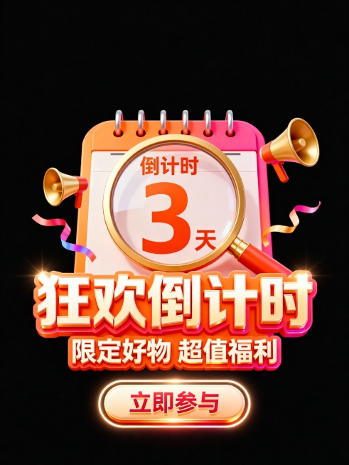 主色调为橙金与粉红渐变，画面中心是日历，圆角造型，巨大的放大镜对着“倒计时 3天”，周围漂浮一个喇叭和几个柔彩带。前景为立体标题字“狂欢倒计时”，副标题“限定好物 超值福利”；底部立体按钮文字“立即参预览效果